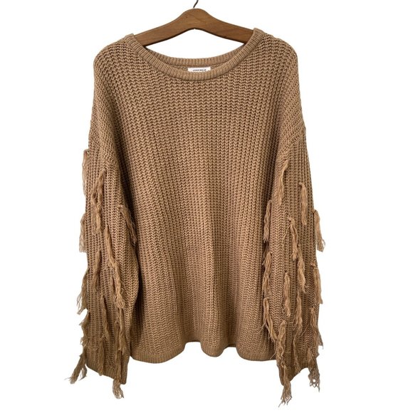 Annie Wear Fringe Tassel Round Neck Loose Fit Sweater Womens XL Camel Knit NEW - Picture 2 of 10